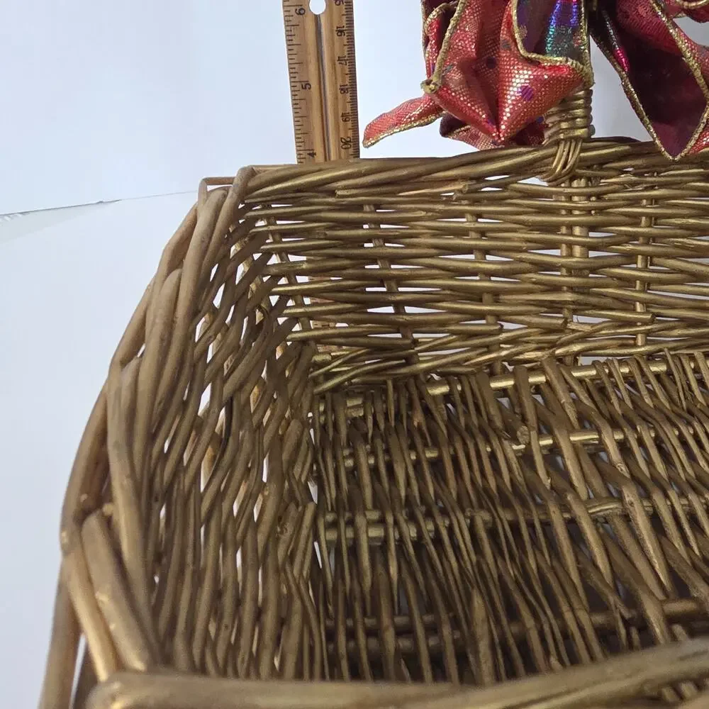 Gold Wicker Gift Basket Red Metallic Bow Christmas Holiday Decor Square